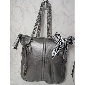 b. makowsky Metallic Silver Chain-Handle Satchel with Zebra Scarf Accent